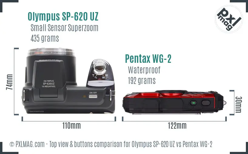 Olympus SP-620 UZ vs Pentax WG-2 top view buttons comparison