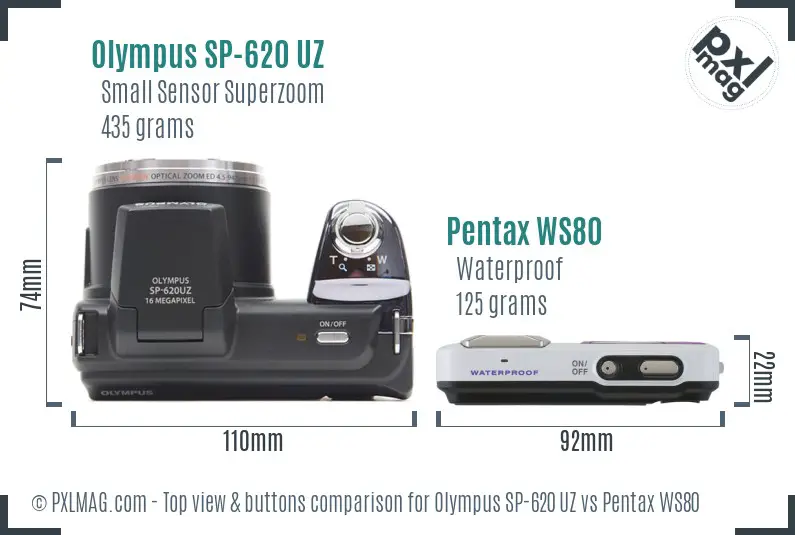 Olympus SP-620 UZ vs Pentax WS80 top view buttons comparison