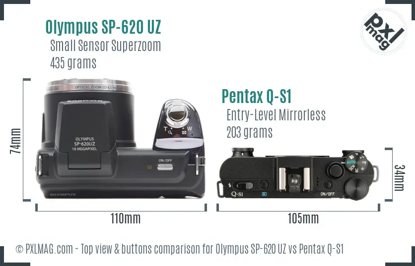 Olympus SP-620 UZ vs Pentax Q-S1 top view buttons comparison