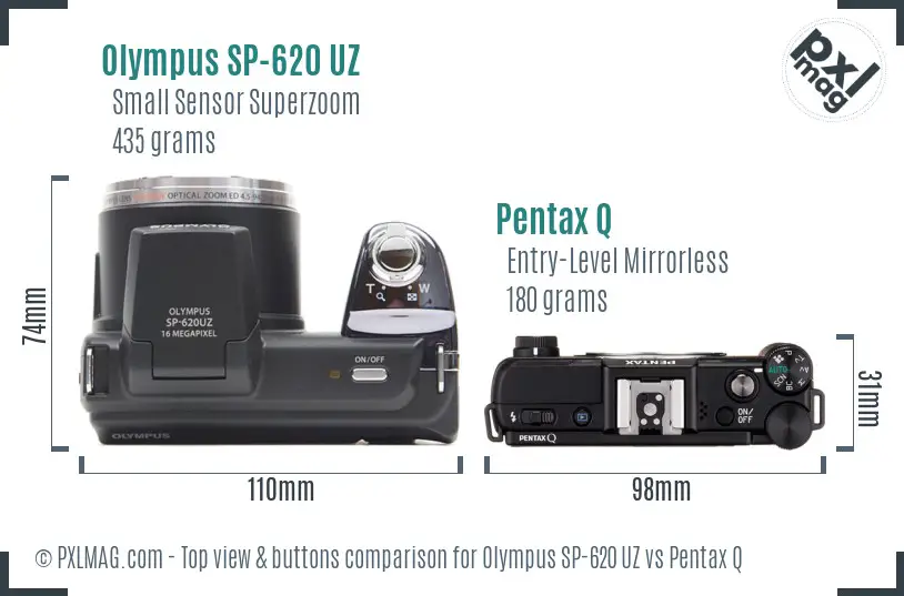 Olympus SP-620 UZ vs Pentax Q top view buttons comparison
