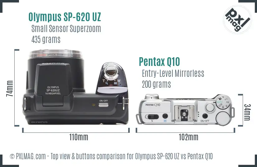 Olympus SP-620 UZ vs Pentax Q10 top view buttons comparison