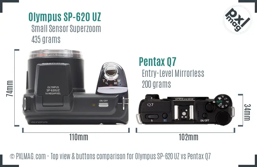 Olympus SP-620 UZ vs Pentax Q7 top view buttons comparison