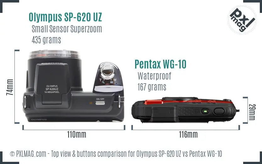 Olympus SP-620 UZ vs Pentax WG-10 top view buttons comparison Olympus SP-620 UZ vs Pentax WG-10 top view buttons comparison
