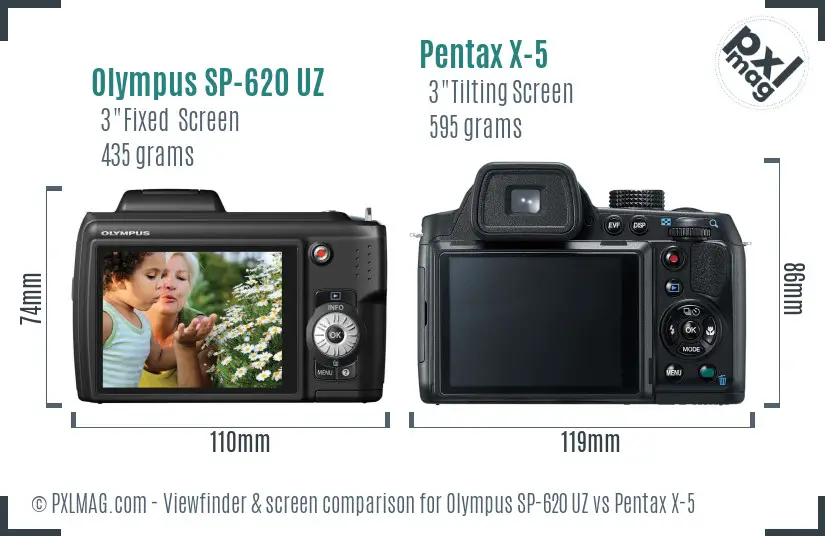 Olympus SP-620 UZ vs Pentax X-5 Screen and Viewfinder comparison