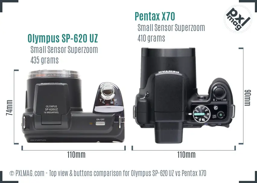 Olympus SP-620 UZ vs Pentax X70 top view buttons comparison