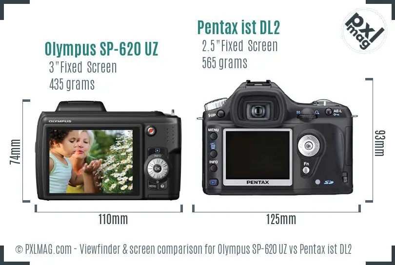 Olympus SP-620 UZ vs Pentax ist DL2 Screen and Viewfinder comparison