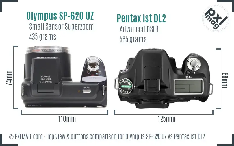 Olympus SP-620 UZ vs Pentax ist DL2 top view buttons comparison