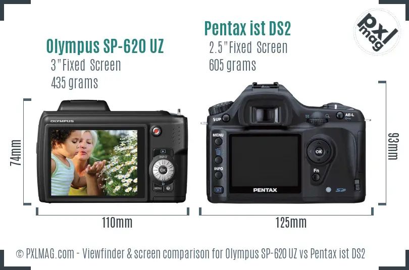 Olympus SP-620 UZ vs Pentax ist DS2 Screen and Viewfinder comparison