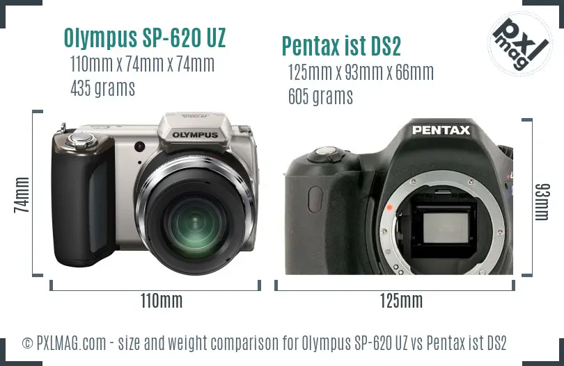 Olympus SP-620 UZ vs Pentax ist DS2 size comparison