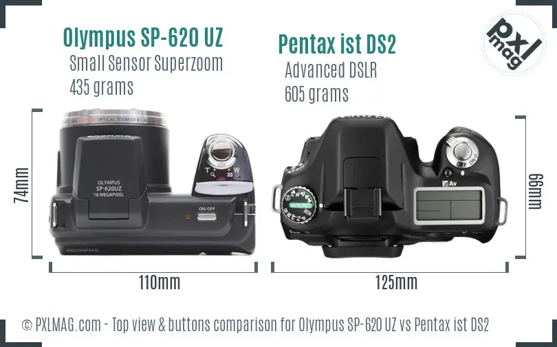 Olympus SP-620 UZ vs Pentax ist DS2 top view buttons comparison