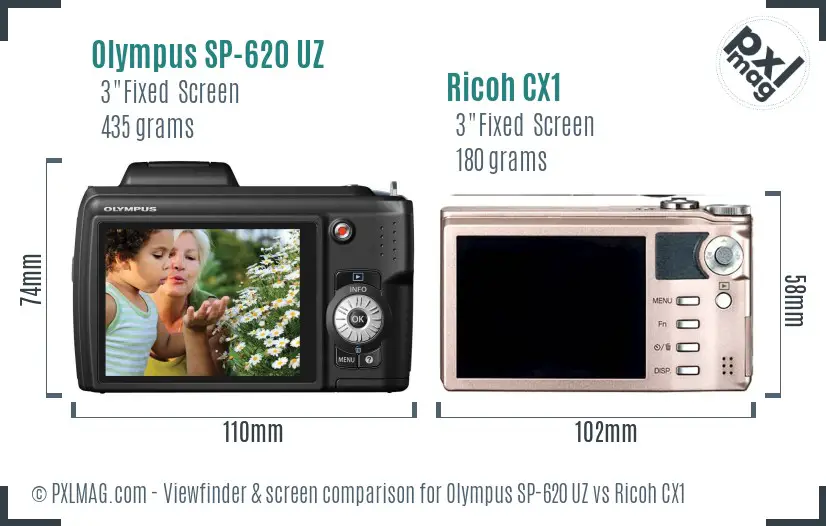 Olympus SP-620 UZ vs Ricoh CX1 Screen and Viewfinder comparison