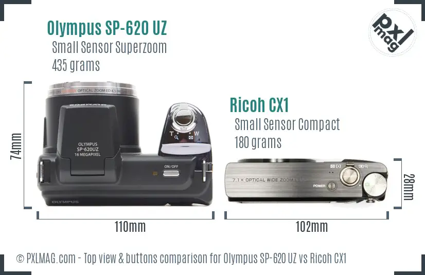 Olympus SP-620 UZ vs Ricoh CX1 top view buttons comparison