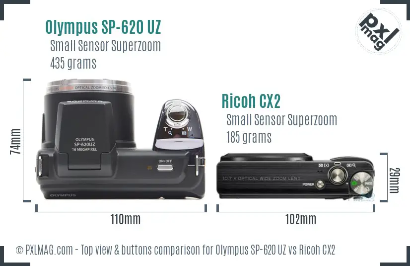 Olympus SP-620 UZ vs Ricoh CX2 top view buttons comparison
