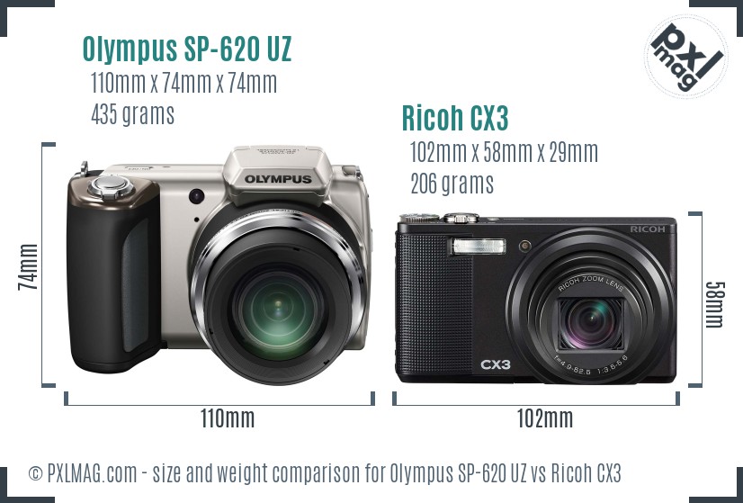 Olympus SP-620 UZ vs Ricoh CX3 size comparison Olympus SP-620 UZ vs Ricoh CX3 size comparison