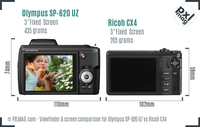 Olympus SP-620 UZ vs Ricoh CX4 Screen and Viewfinder comparison