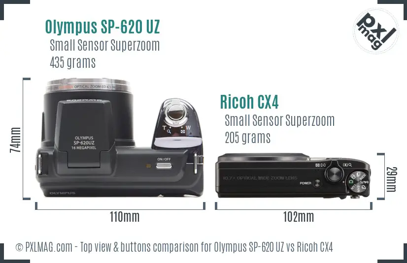 Olympus SP-620 UZ vs Ricoh CX4 top view buttons comparison
