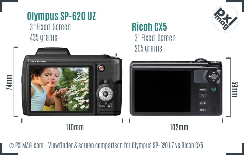 Olympus SP-620 UZ vs Ricoh CX5 Screen and Viewfinder comparison