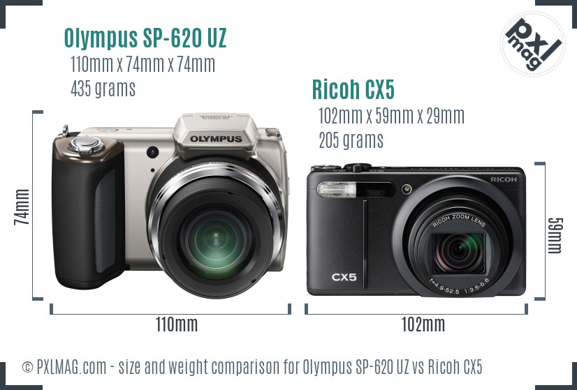Olympus SP-620 UZ vs Ricoh CX5 size comparison Olympus SP-620 UZ vs Ricoh CX5 size comparison