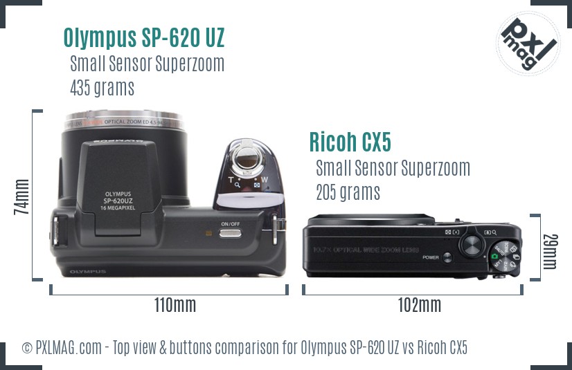 Olympus SP-620 UZ vs Ricoh CX5 top view buttons comparison
