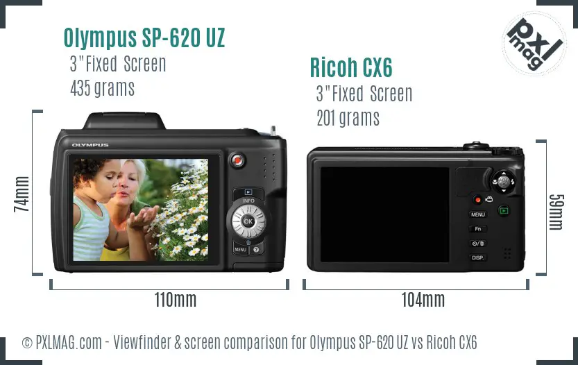 Olympus SP-620 UZ vs Ricoh CX6 Screen and Viewfinder comparison
