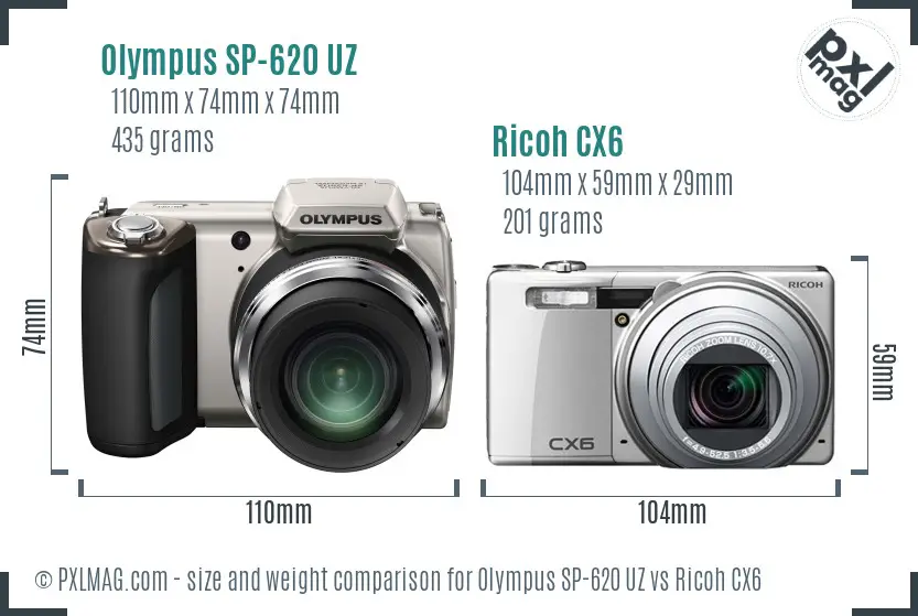 Olympus SP-620 UZ vs Ricoh CX6 size comparison