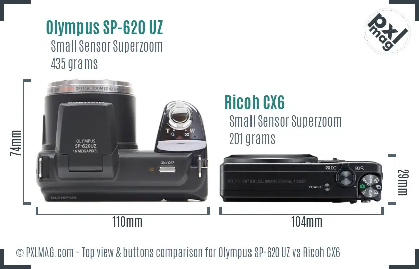 Olympus SP-620 UZ vs Ricoh CX6 top view buttons comparison