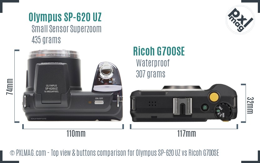 Olympus SP-620 UZ vs Ricoh G700SE top view buttons comparison