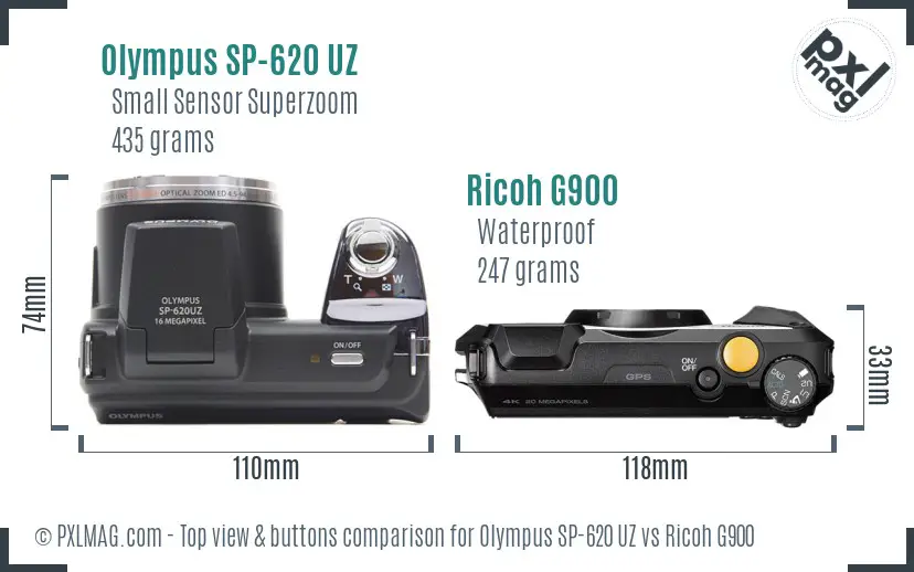 Olympus SP-620 UZ vs Ricoh G900 top view buttons comparison Olympus SP-620 UZ vs Ricoh G900 top view buttons comparison