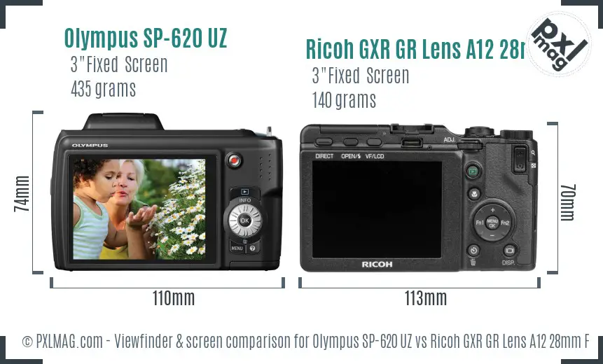 Olympus SP-620 UZ vs Ricoh GXR GR Lens A12 28mm F2.5 Screen and Viewfinder comparison