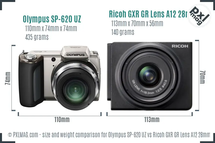 Olympus SP-620 UZ vs Ricoh GXR GR Lens A12 28mm F2.5 size comparison