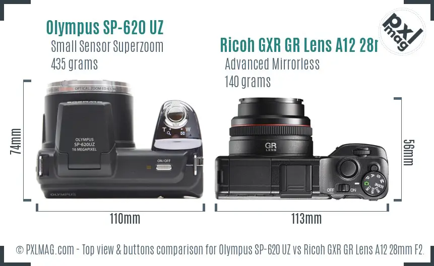 Olympus SP-620 UZ vs Ricoh GXR GR Lens A12 28mm F2.5 top view buttons comparison