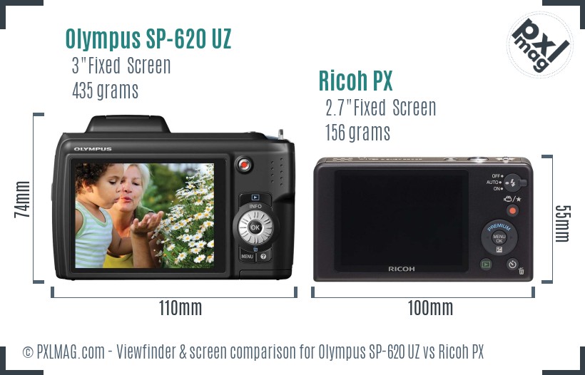 Olympus SP-620 UZ vs Ricoh PX Screen and Viewfinder comparison