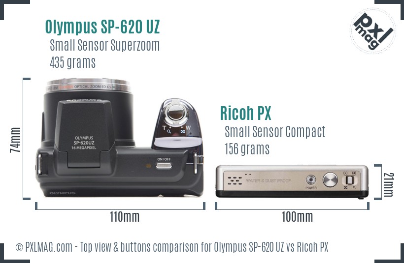 Olympus SP-620 UZ vs Ricoh PX top view buttons comparison