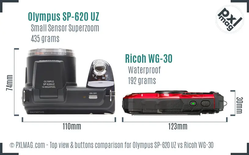 Olympus SP-620 UZ vs Ricoh WG-30 top view buttons comparison
