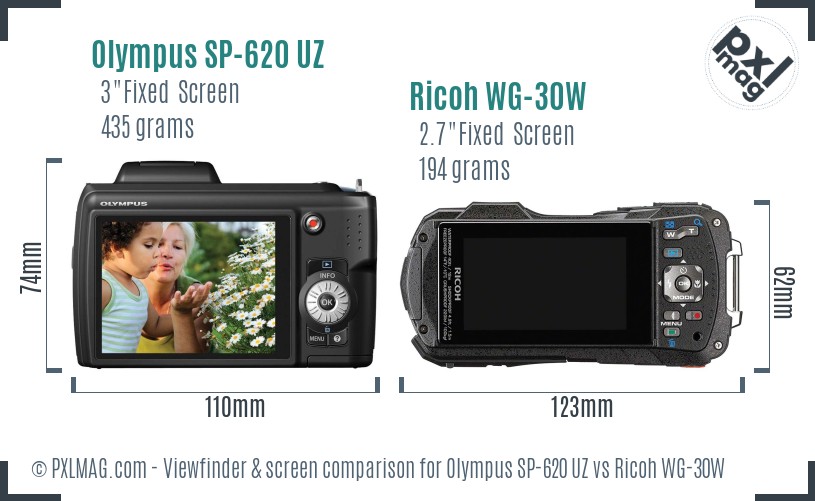 Olympus SP-620 UZ vs Ricoh WG-30W Screen and Viewfinder comparison
