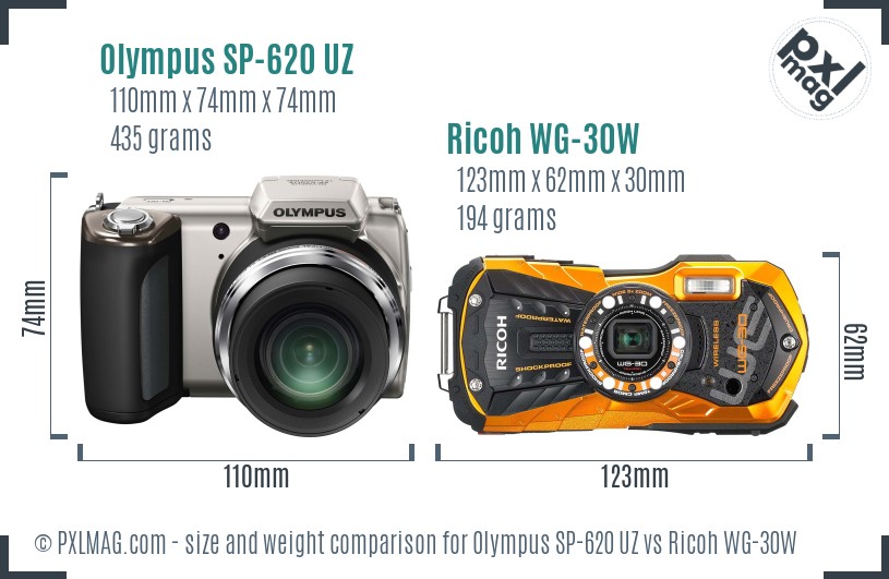 Olympus SP-620 UZ vs Ricoh WG-30W size comparison