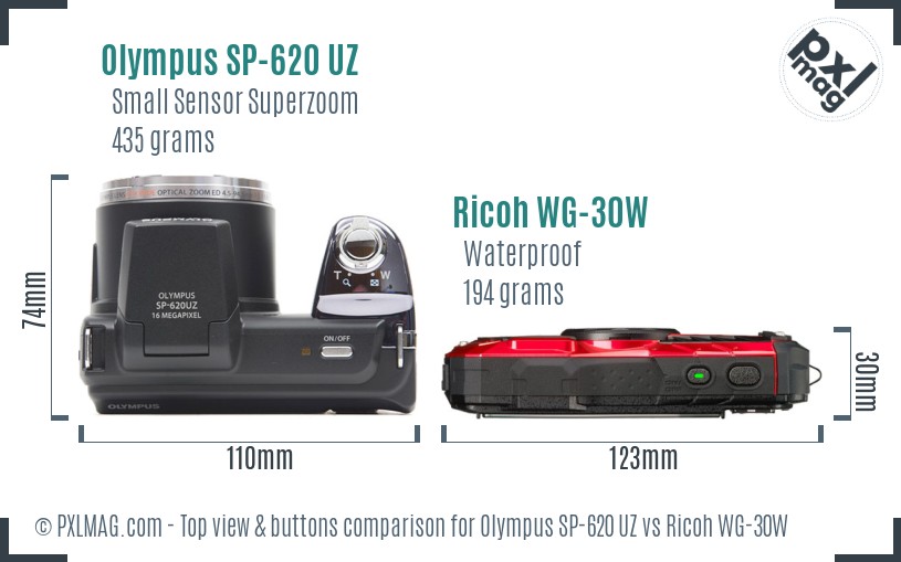 Olympus SP-620 UZ vs Ricoh WG-30W top view buttons comparison