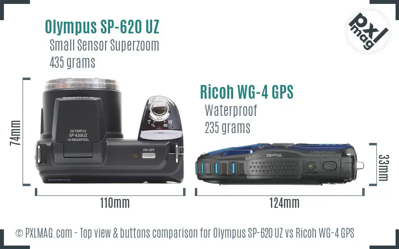 Olympus SP-620 UZ vs Ricoh WG-4 GPS top view buttons comparison