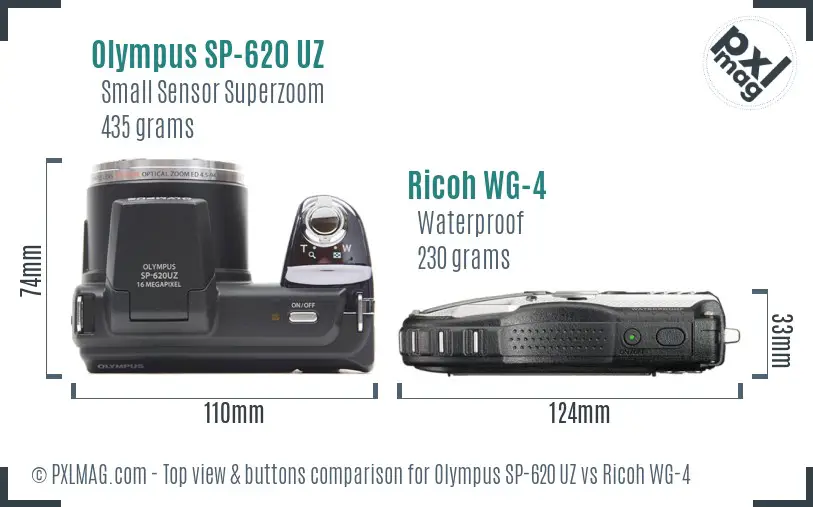 Olympus SP-620 UZ vs Ricoh WG-4 top view buttons comparison