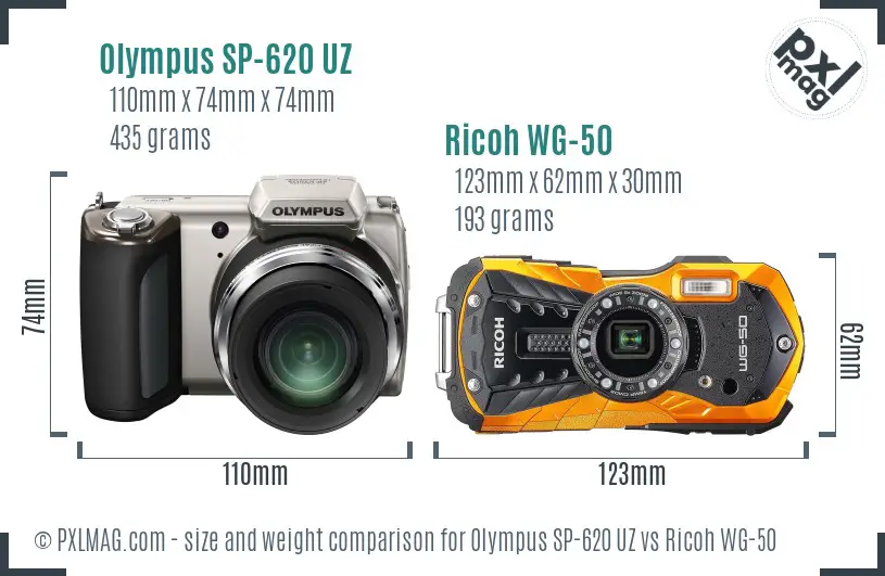 Olympus SP-620 UZ vs Ricoh WG-50 size comparison