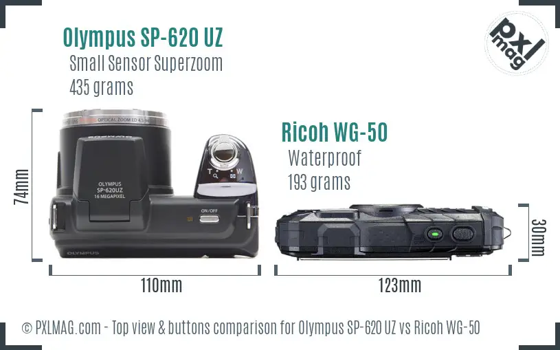 Olympus SP-620 UZ vs Ricoh WG-50 top view buttons comparison