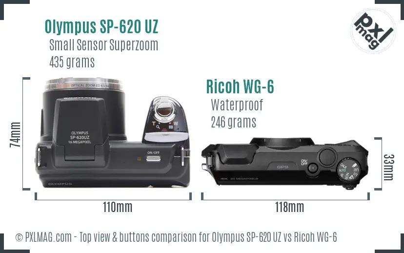 Olympus SP-620 UZ vs Ricoh WG-6 top view buttons comparison
