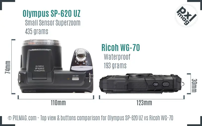 Olympus SP-620 UZ vs Ricoh WG-70 top view buttons comparison