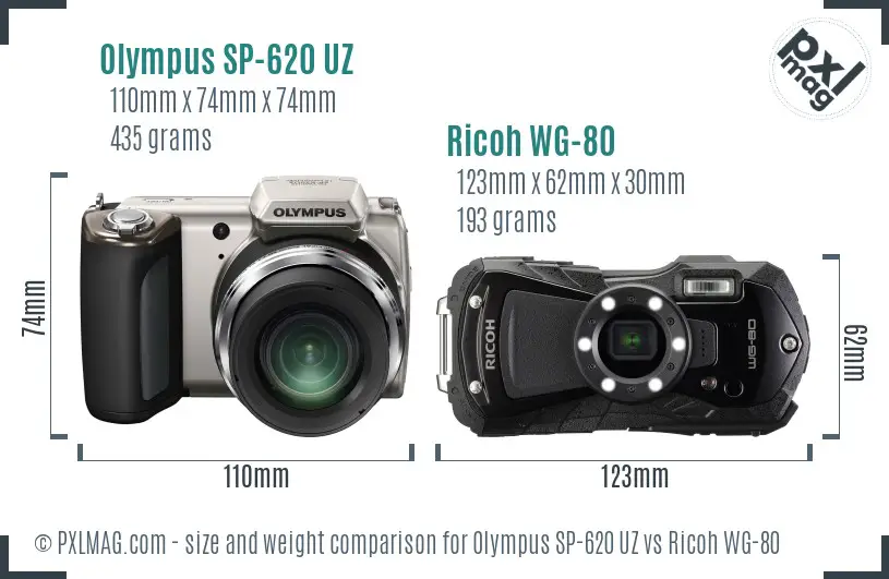 Olympus SP-620 UZ vs Ricoh WG-80 size comparison