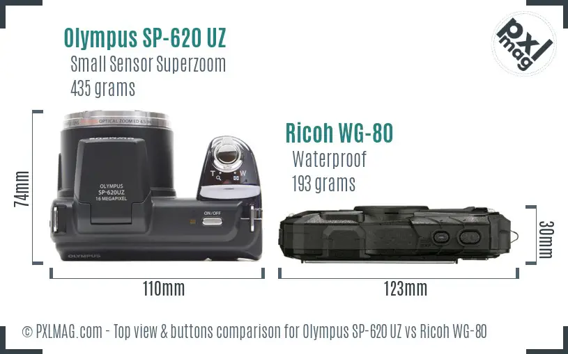 Olympus SP-620 UZ vs Ricoh WG-80 top view buttons comparison