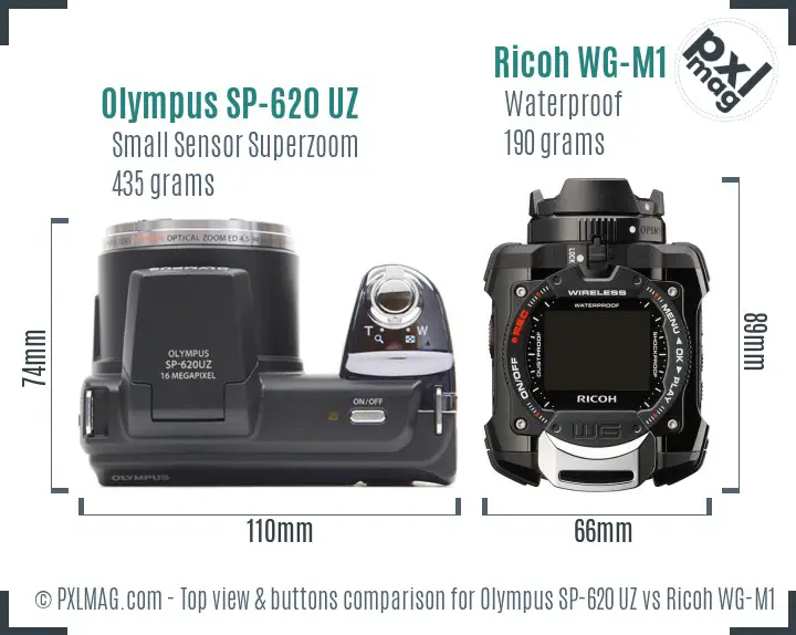 Olympus SP-620 UZ vs Ricoh WG-M1 top view buttons comparison