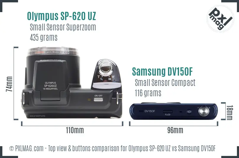Olympus SP-620 UZ vs Samsung DV150F top view buttons comparison