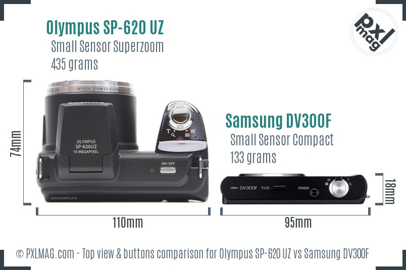 Olympus SP-620 UZ vs Samsung DV300F top view buttons comparison
