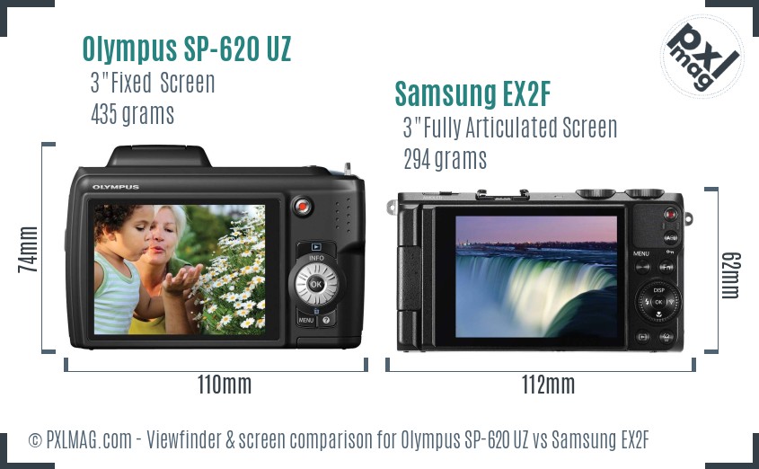 Olympus SP-620 UZ vs Samsung EX2F Screen and Viewfinder comparison