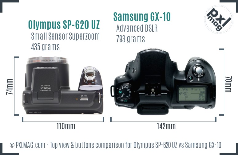 Olympus SP-620 UZ vs Samsung GX-10 top view buttons comparison